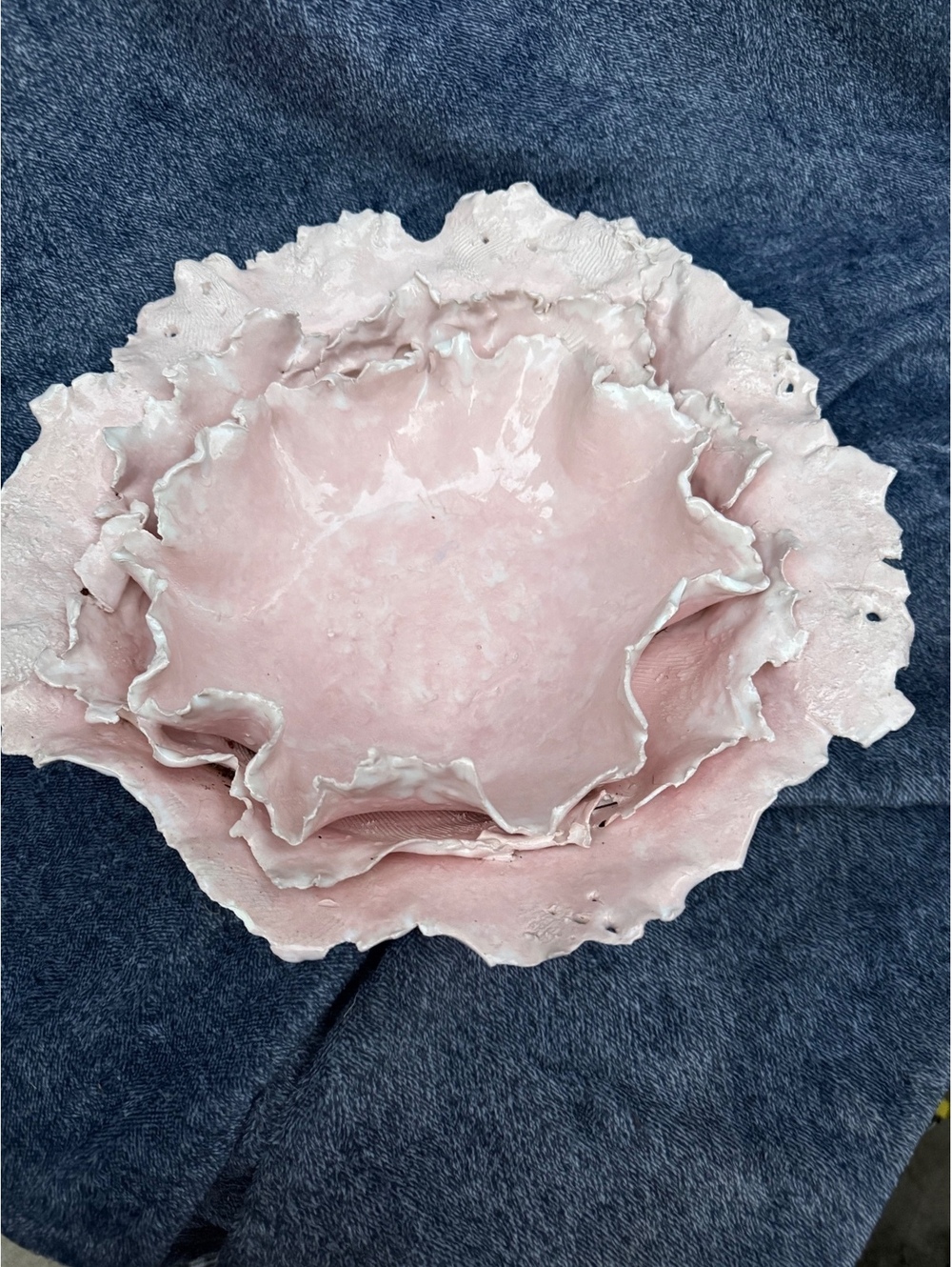 Unique Pink Ceramic Decorative Bowl with Textured Ruffled Edges